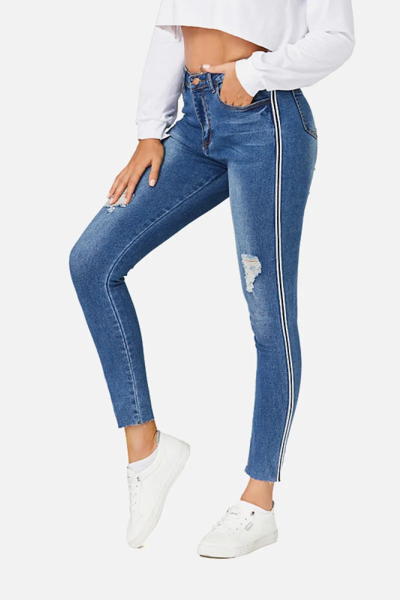 Mid Rise Stripe Detail Skinny Jeans
