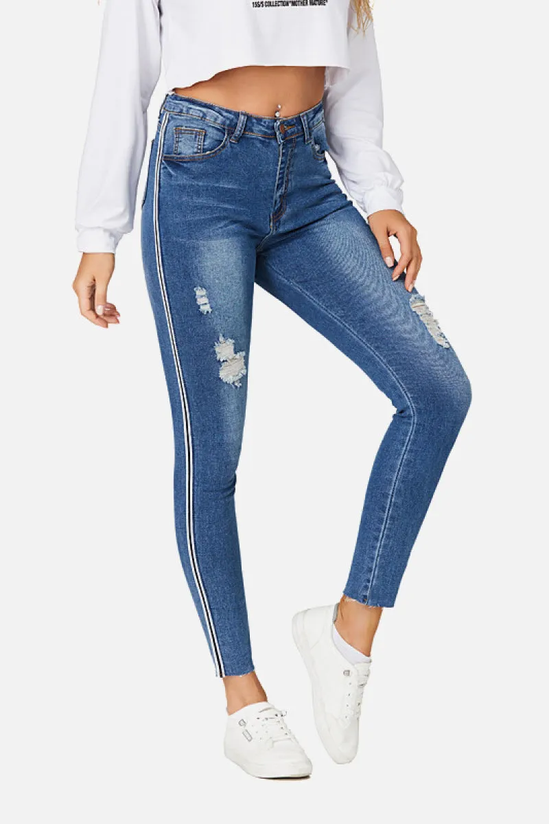 Mid Rise Stripe Detail Skinny Jeans