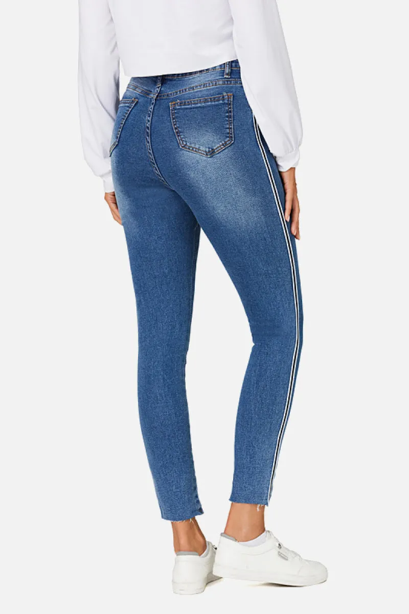 Mid Rise Stripe Detail Skinny Jeans