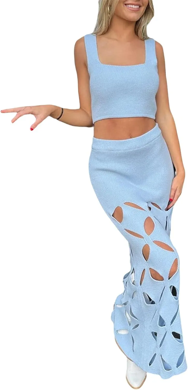 Mxiqqpltky Knitted Maxi Skirt Sets Women 2 Piece Outfits Sexy Sleeveless Crop Tank Top and Bodycon Skirts Club Dress Y2K