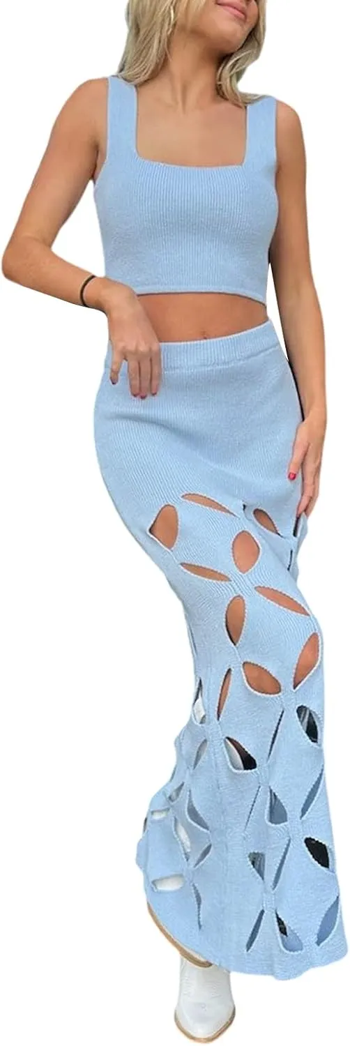 Mxiqqpltky Knitted Maxi Skirt Sets Women 2 Piece Outfits Sexy Sleeveless Crop Tank Top and Bodycon Skirts Club Dress Y2K