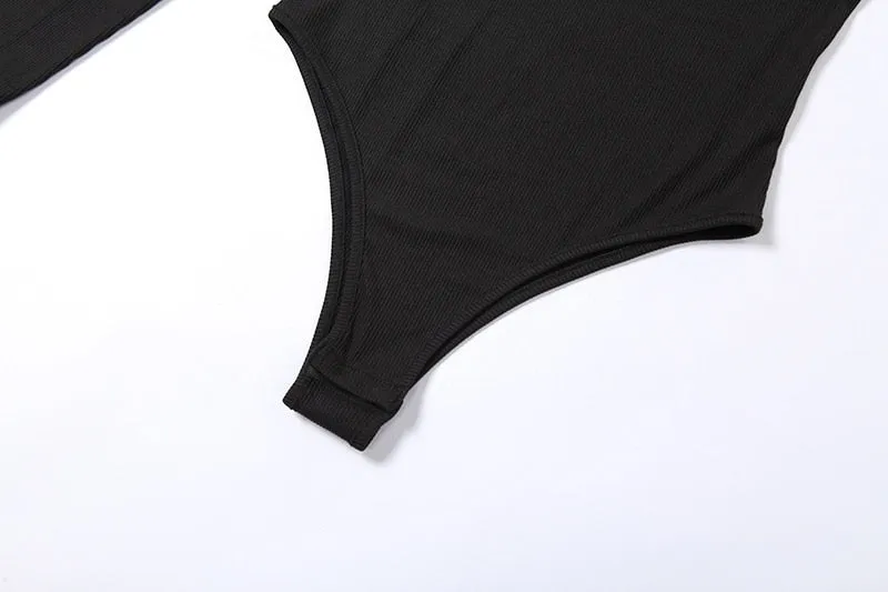 One Shoulder Knitted Bodysuit Turtleneck Black Bodysuit