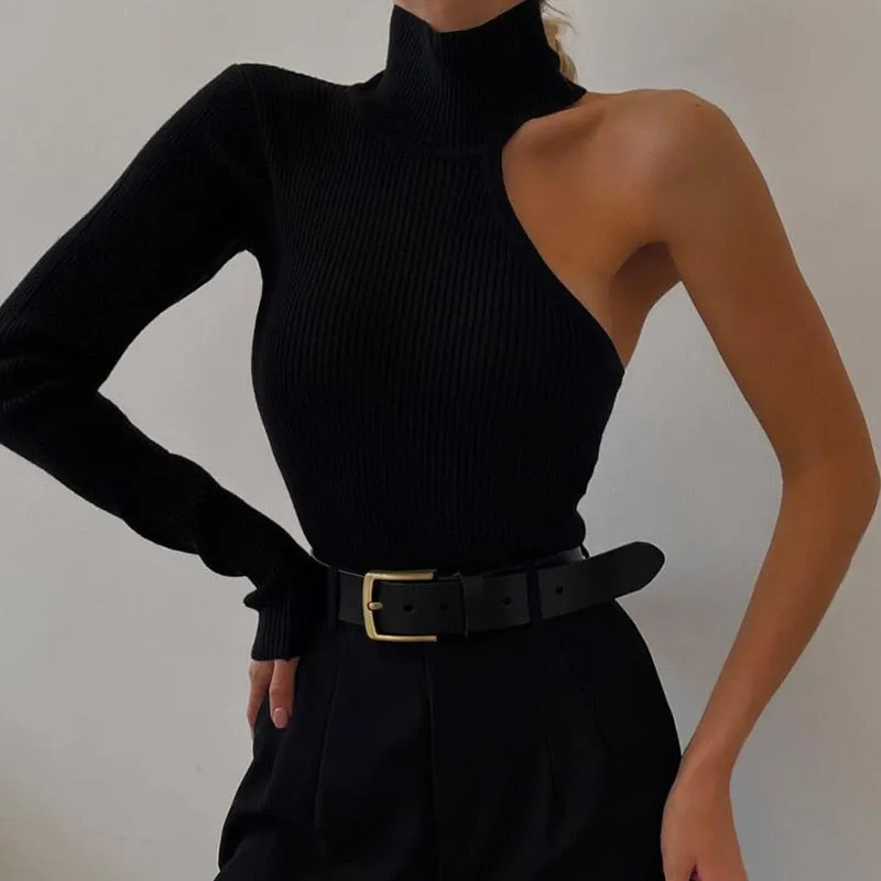 One Shoulder Knitted Bodysuit Turtleneck Black Bodysuit