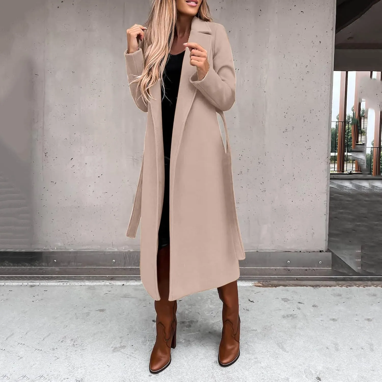 Outer Wears Women's Faux Wool Coat Blouse Thin Coats Trench Long Jacket Ladies Slim Long Belt Elegant Overcoat