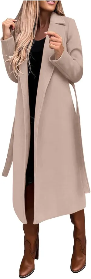 Outer Wears Women's Faux Wool Coat Blouse Thin Coats Trench Long Jacket Ladies Slim Long Belt Elegant Overcoat
