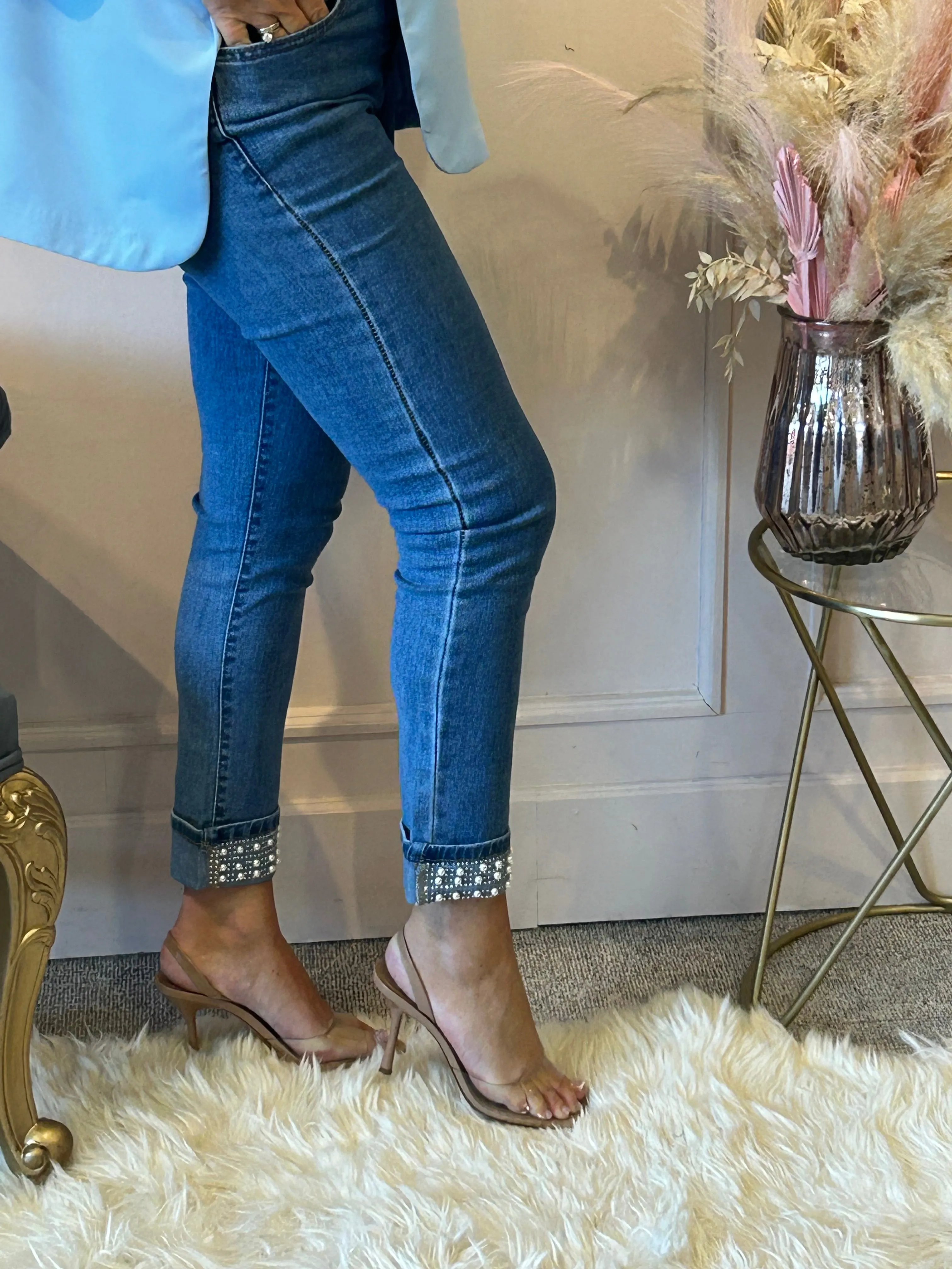 Pearl Detail Straight Leg Jeans- Lighter Denim