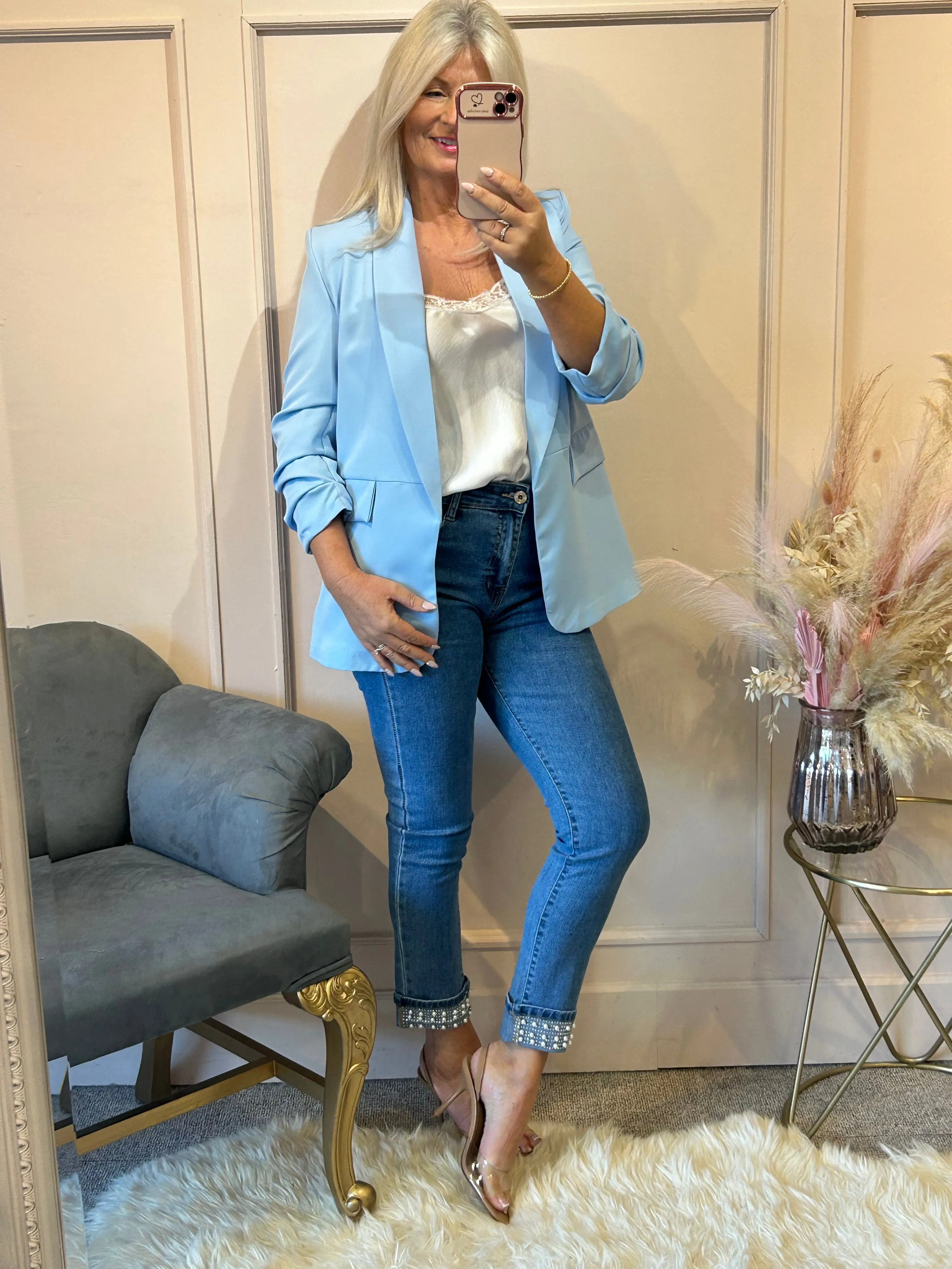 Pearl Detail Straight Leg Jeans- Lighter Denim