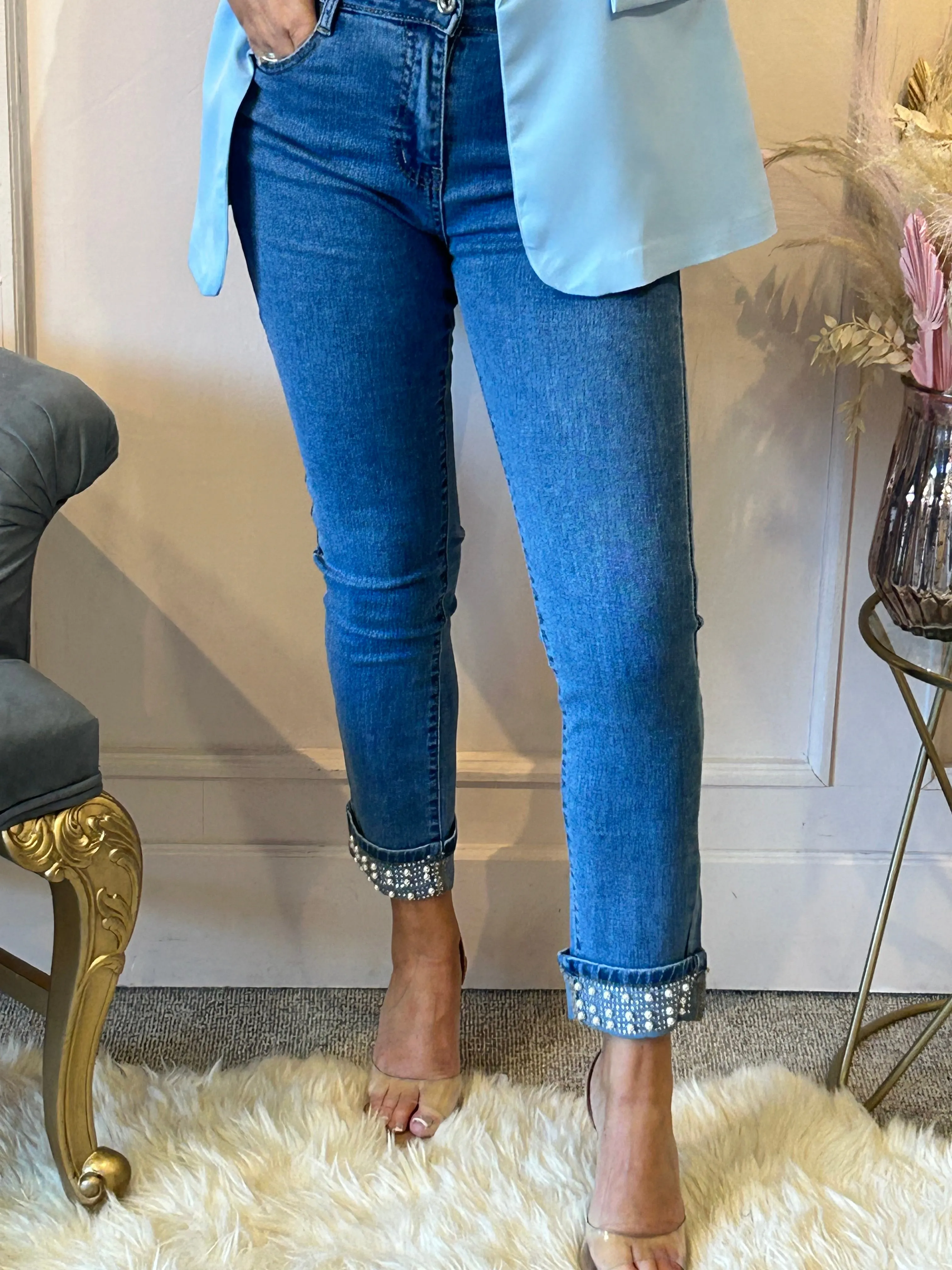 Pearl Detail Straight Leg Jeans- Lighter Denim