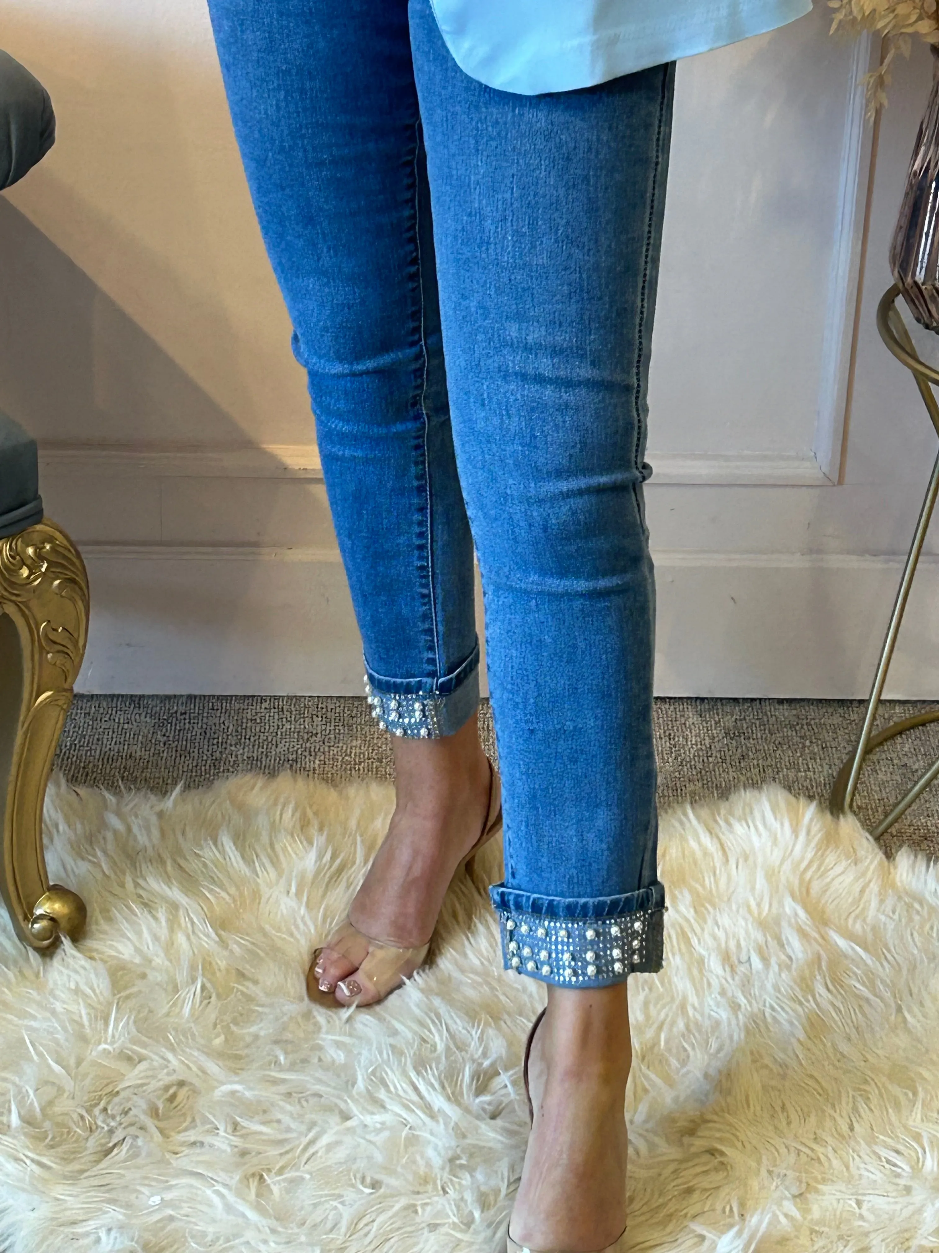 Pearl Detail Straight Leg Jeans- Lighter Denim