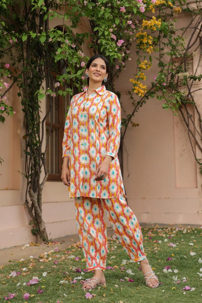 Pink Cotton Shirt Collar Kurta Co-Ord Set