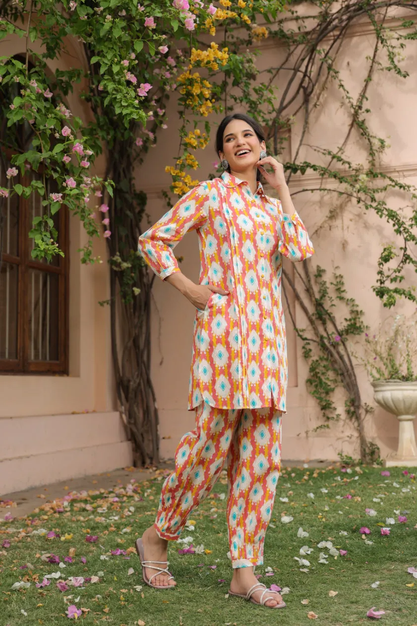 Pink Cotton Shirt Collar Kurta Co-Ord Set