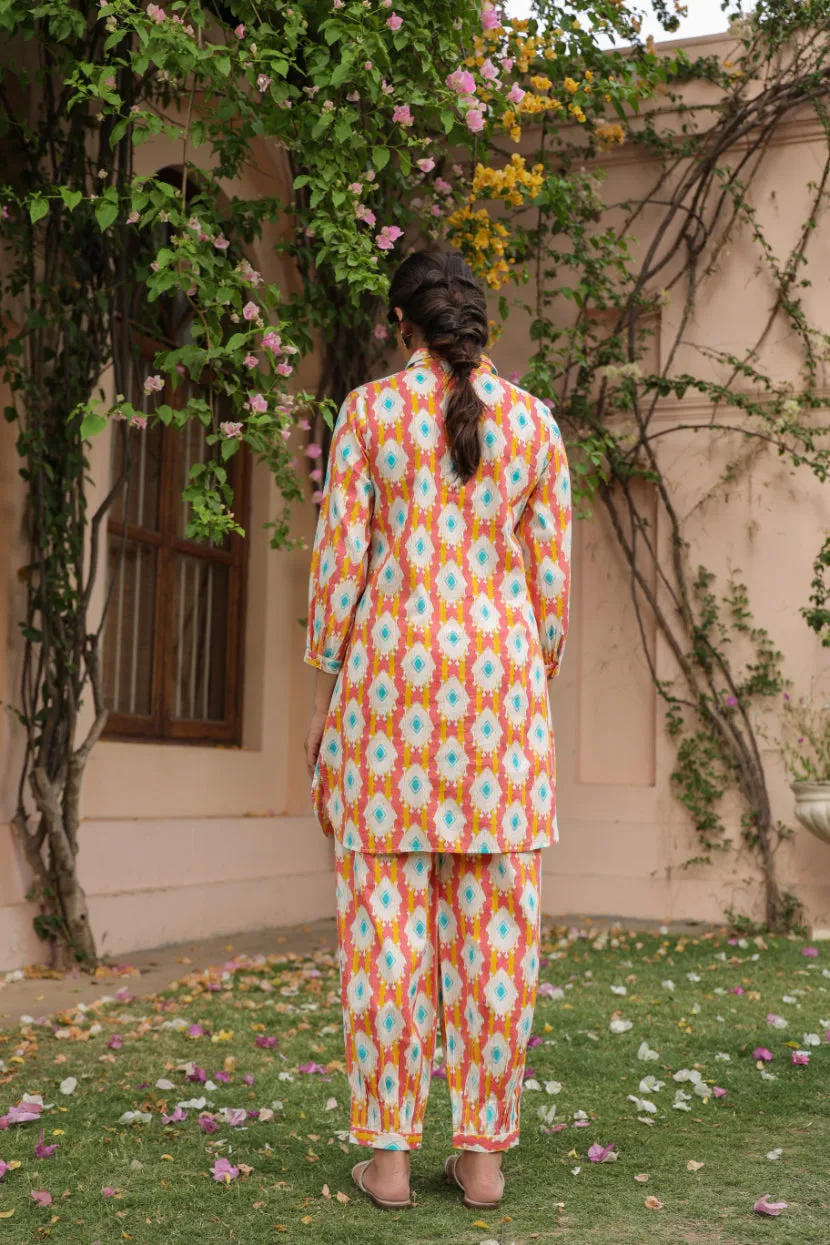 Pink Cotton Shirt Collar Kurta Co-Ord Set