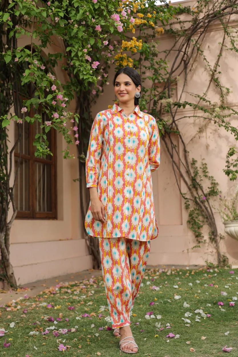 Pink Cotton Shirt Collar Kurta Co-Ord Set