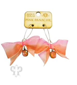 Pink Panache Peach Chiffon Bow Earring With Austrian Crystal Drop