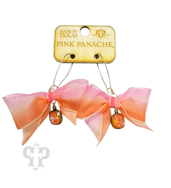 Pink Panache Peach Chiffon Bow Earring With Austrian Crystal Drop