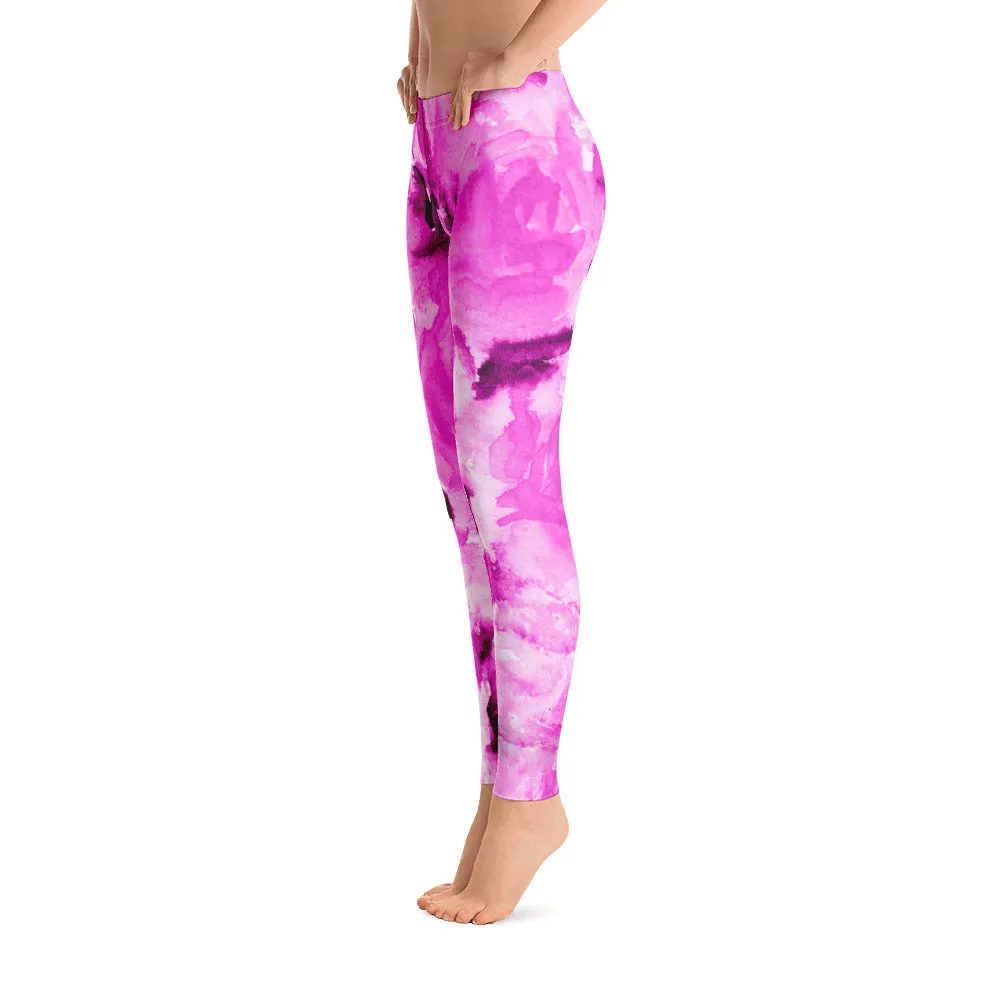 Pink Rose Leggings, Pink Abstract Rose Floral Print Women's Long Casual Running Tights - Made in USA/EU