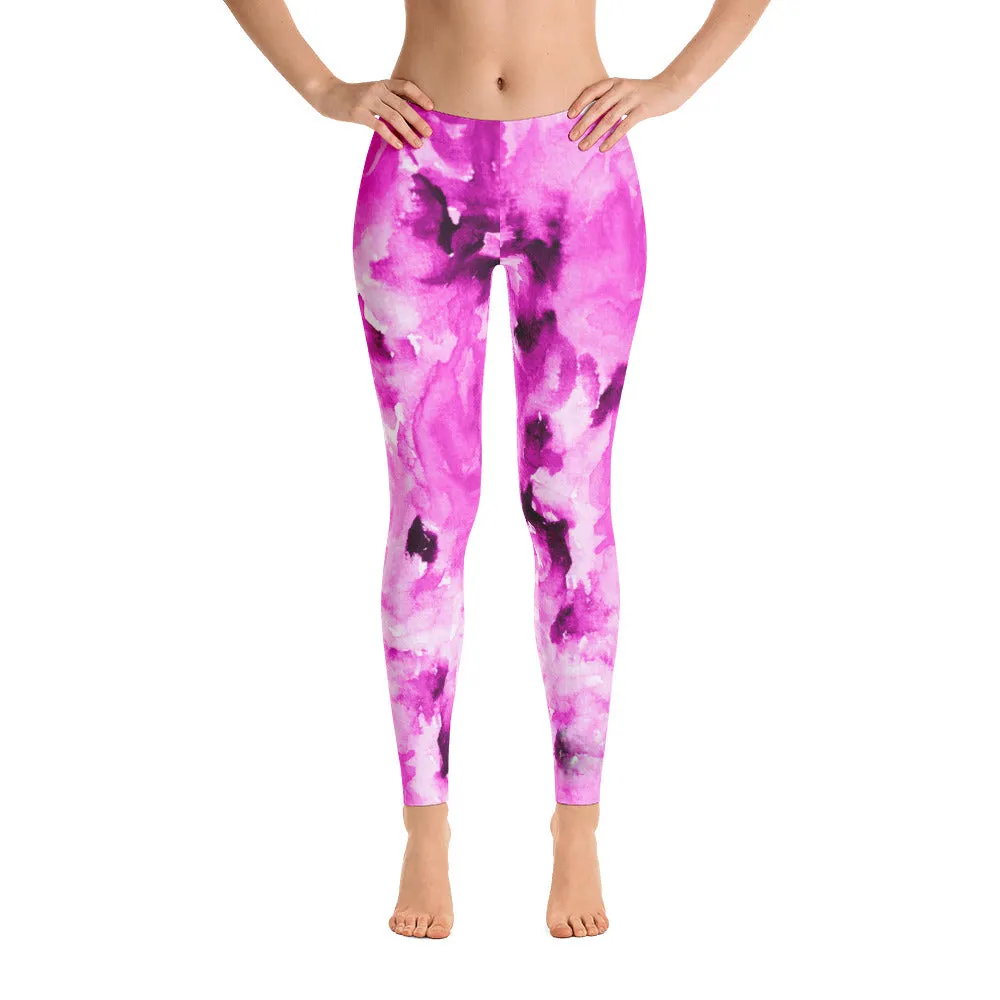Pink Rose Leggings, Pink Abstract Rose Floral Print Women's Long Casual Running Tights - Made in USA/EU