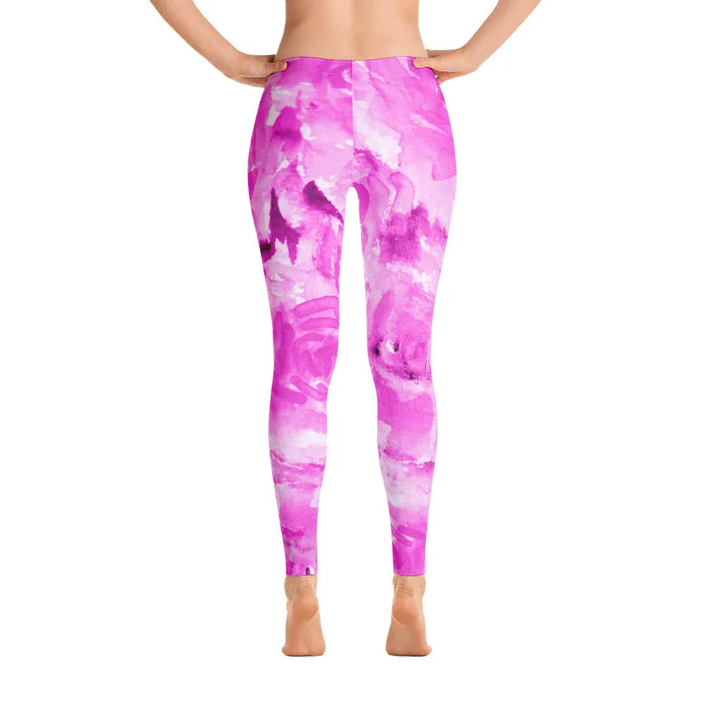 Pink Rose Leggings, Pink Abstract Rose Floral Print Women's Long Casual Running Tights - Made in USA/EU