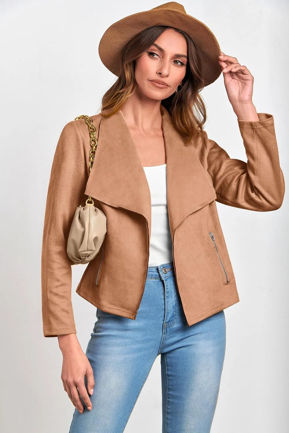 PRETTYGARDEN Women's Faux Suede Jackets 2025 Spring Fall Clothes Long Sleeve Open Front Cropped Coat Outwear