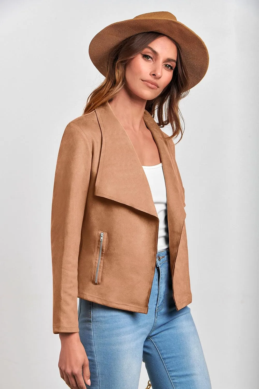 PRETTYGARDEN Women's Faux Suede Jackets 2025 Spring Fall Clothes Long Sleeve Open Front Cropped Coat Outwear