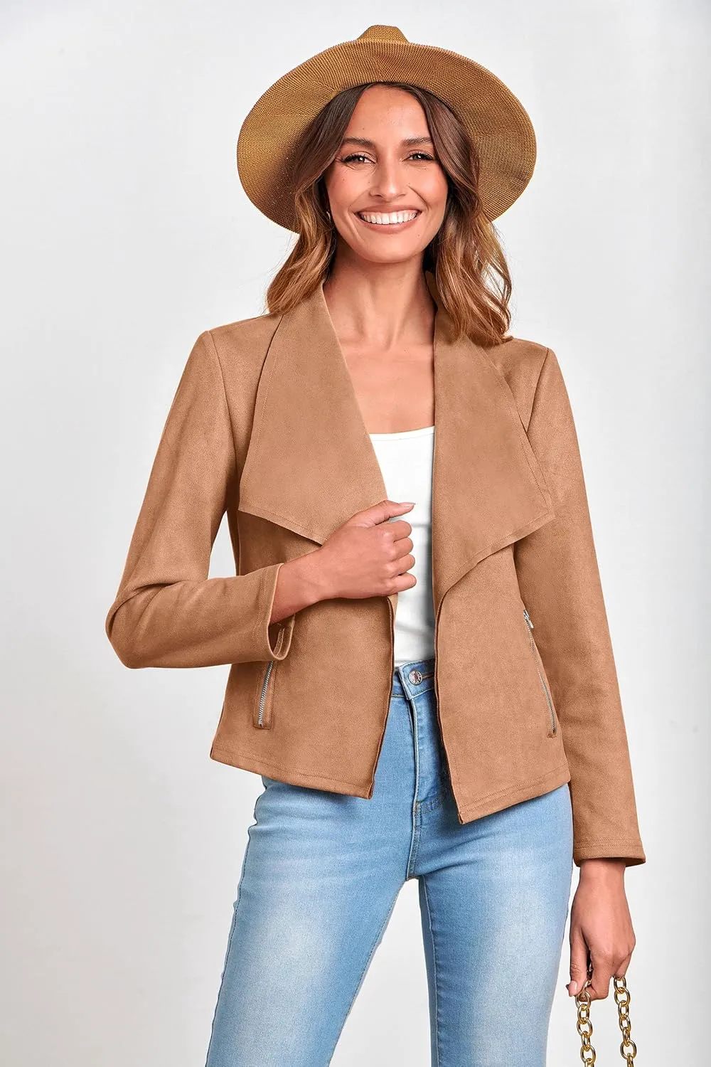 PRETTYGARDEN Women's Faux Suede Jackets 2025 Spring Fall Clothes Long Sleeve Open Front Cropped Coat Outwear