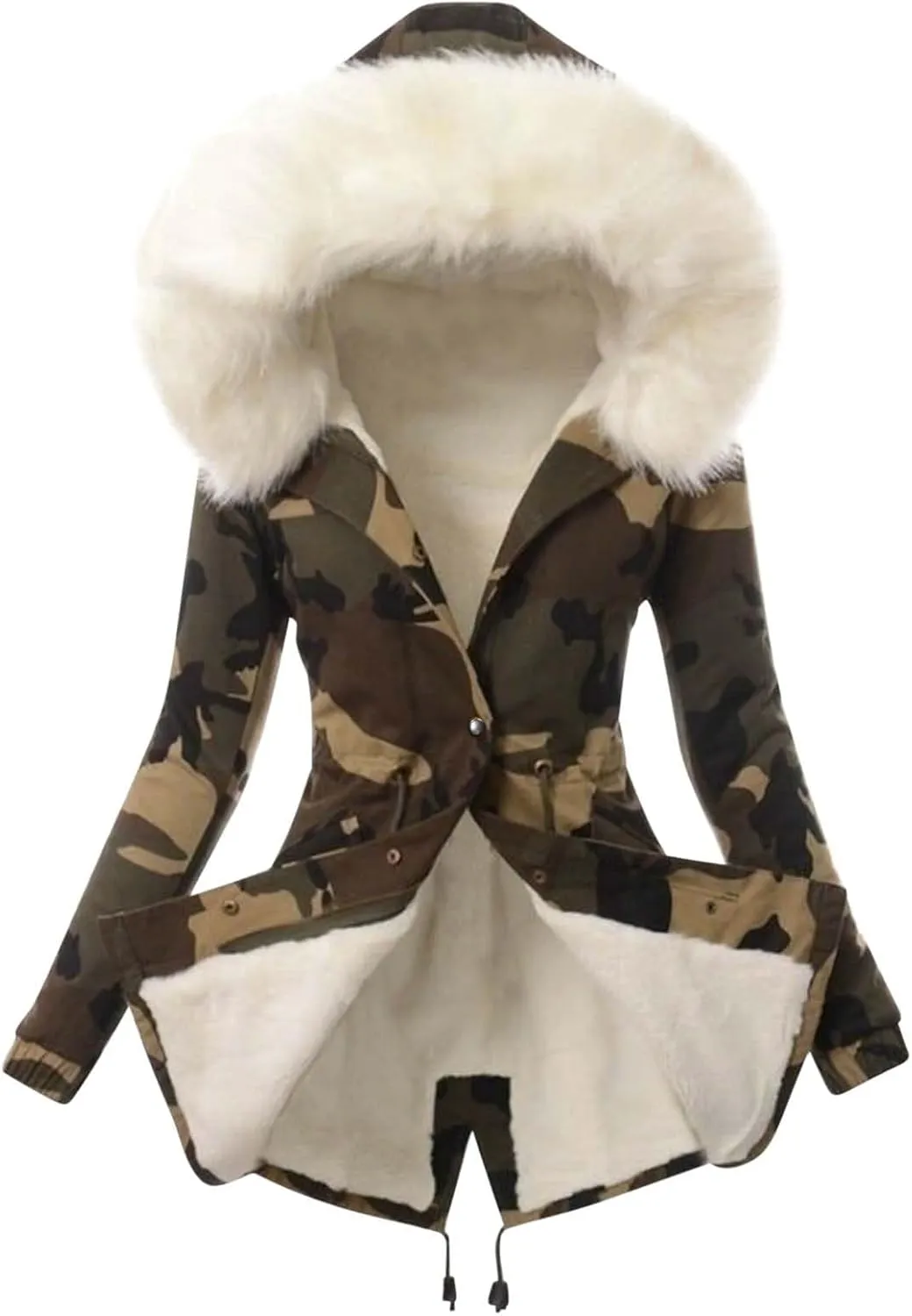 Qeaghou Fleece Lined Winter Coats for Women Warm Trench Coat Furry Windbreaker Ski Jacket Fuzzy Solid Jacket with Hood