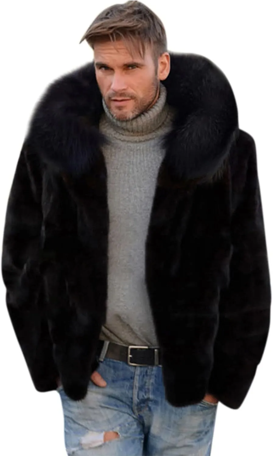 QWENTMTNTY Men's Fashion Faux Fur Coat Long Length Fashion Fluffy Heavyweight Coat Winter Plush Furry Luxury Parka Jacket