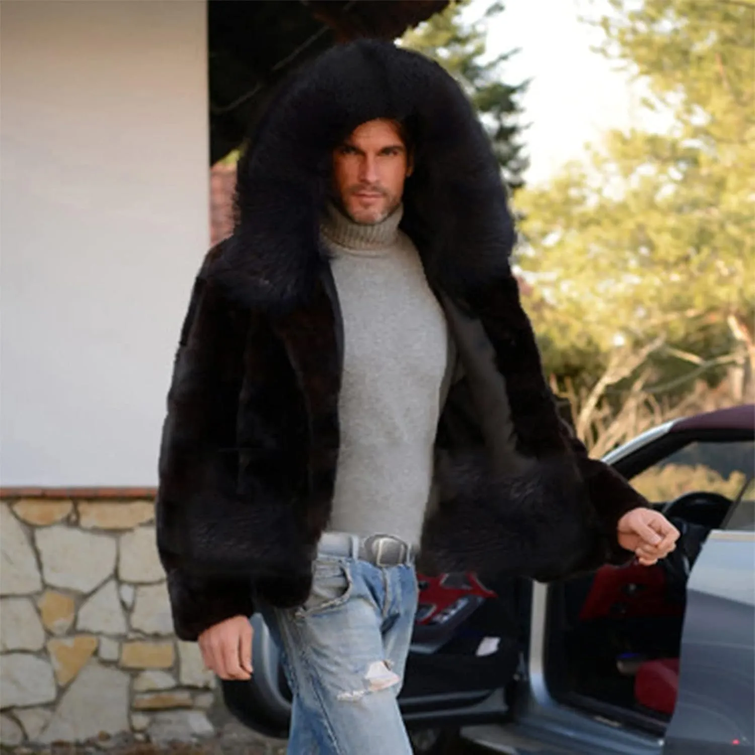 QWENTMTNTY Men's Fashion Faux Fur Coat Long Length Fashion Fluffy Heavyweight Coat Winter Plush Furry Luxury Parka Jacket
