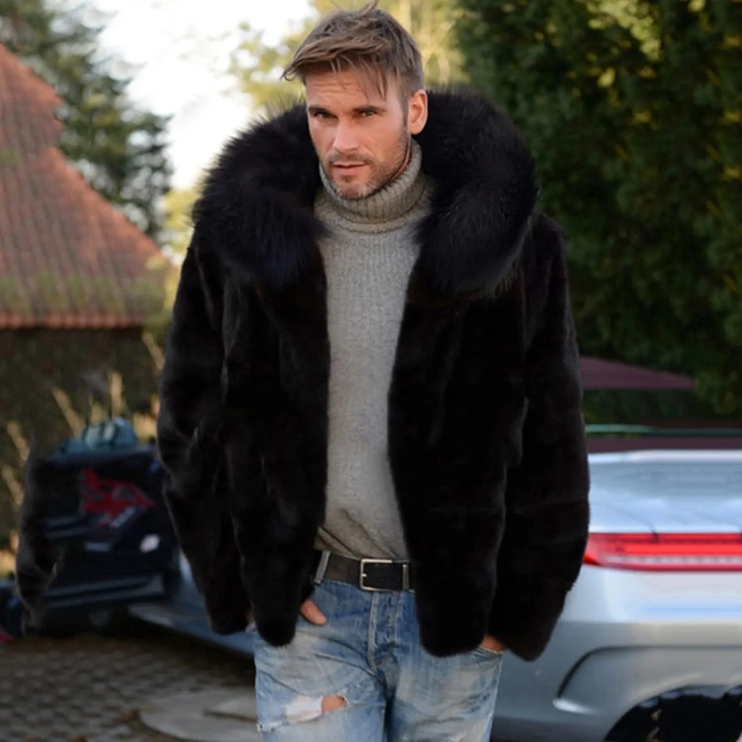 QWENTMTNTY Men's Fashion Faux Fur Coat Long Length Fashion Fluffy Heavyweight Coat Winter Plush Furry Luxury Parka Jacket