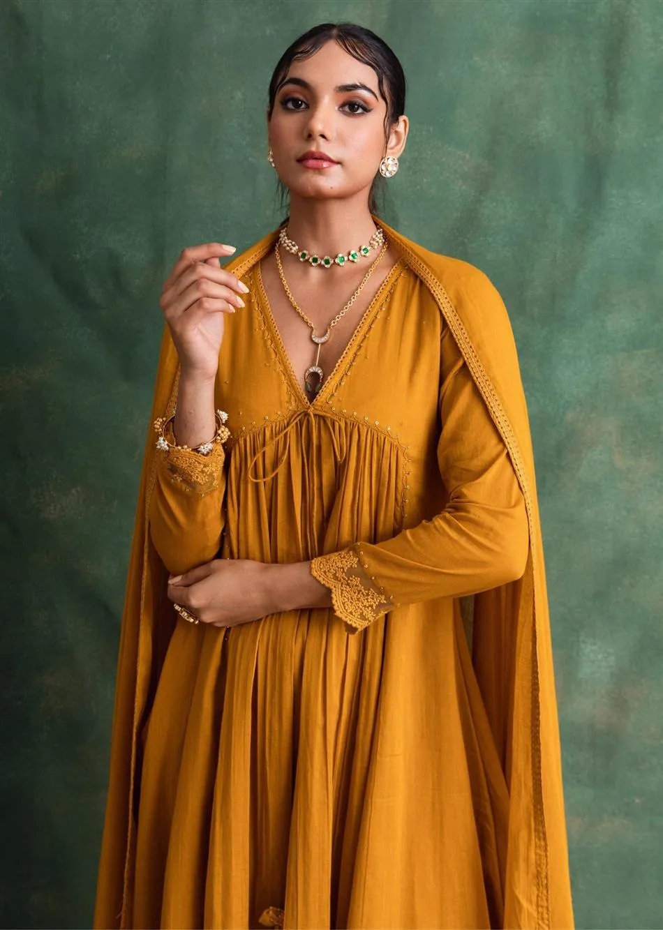 Rangrezee Mustard Anarkali Set (Set Of 3)