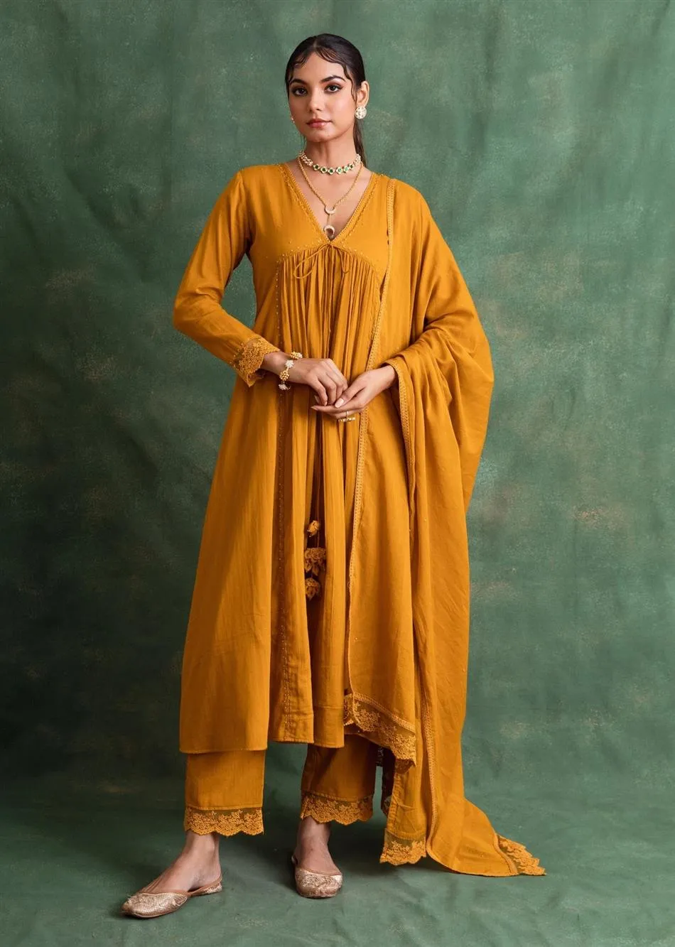 Rangrezee Mustard Anarkali Set (Set Of 3)