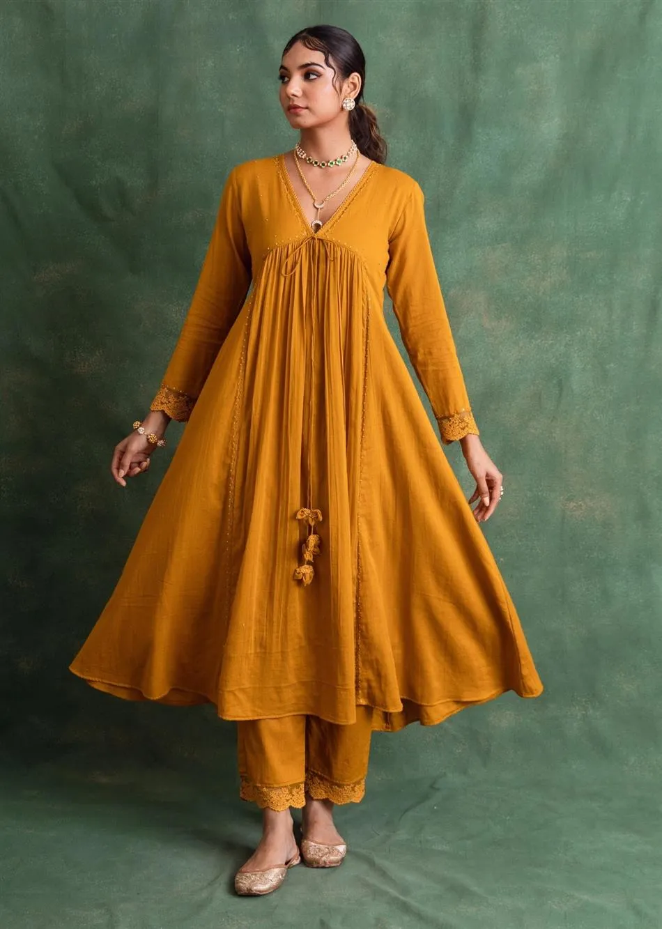 Rangrezee Mustard Anarkali Set (Set Of 3)