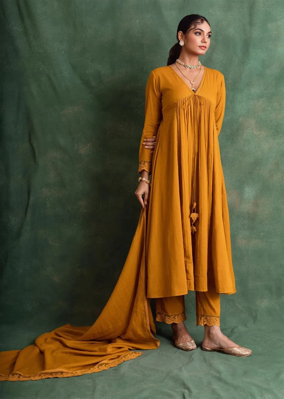 Rangrezee Mustard Anarkali Set (Set Of 3)
