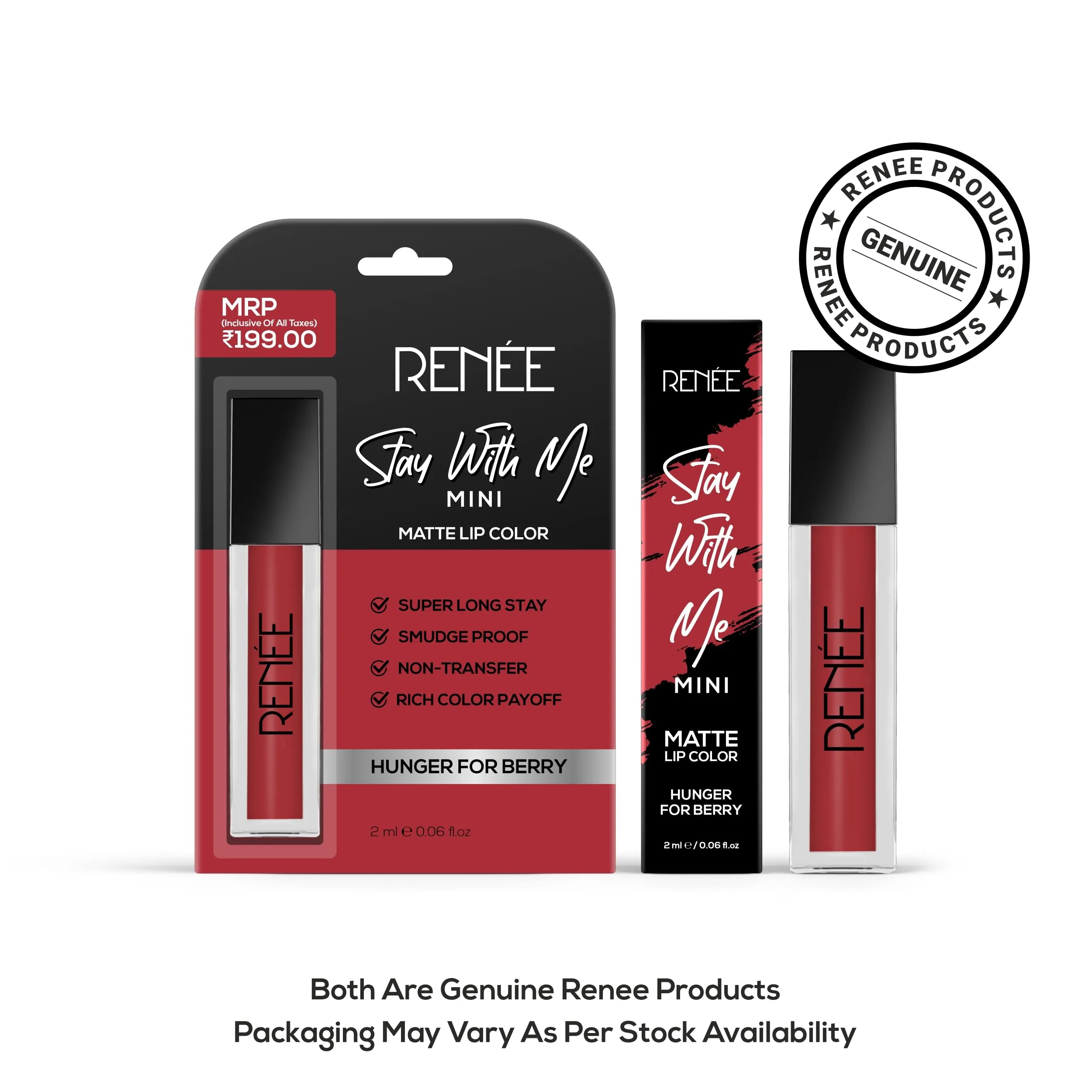RENEE Stay With Me Mini Matte Lip Color, Long Lasting, Non Transfer, Water & Smudge Proof, Light Weight Liquid Lipstick, Hunger for Berry 2ml