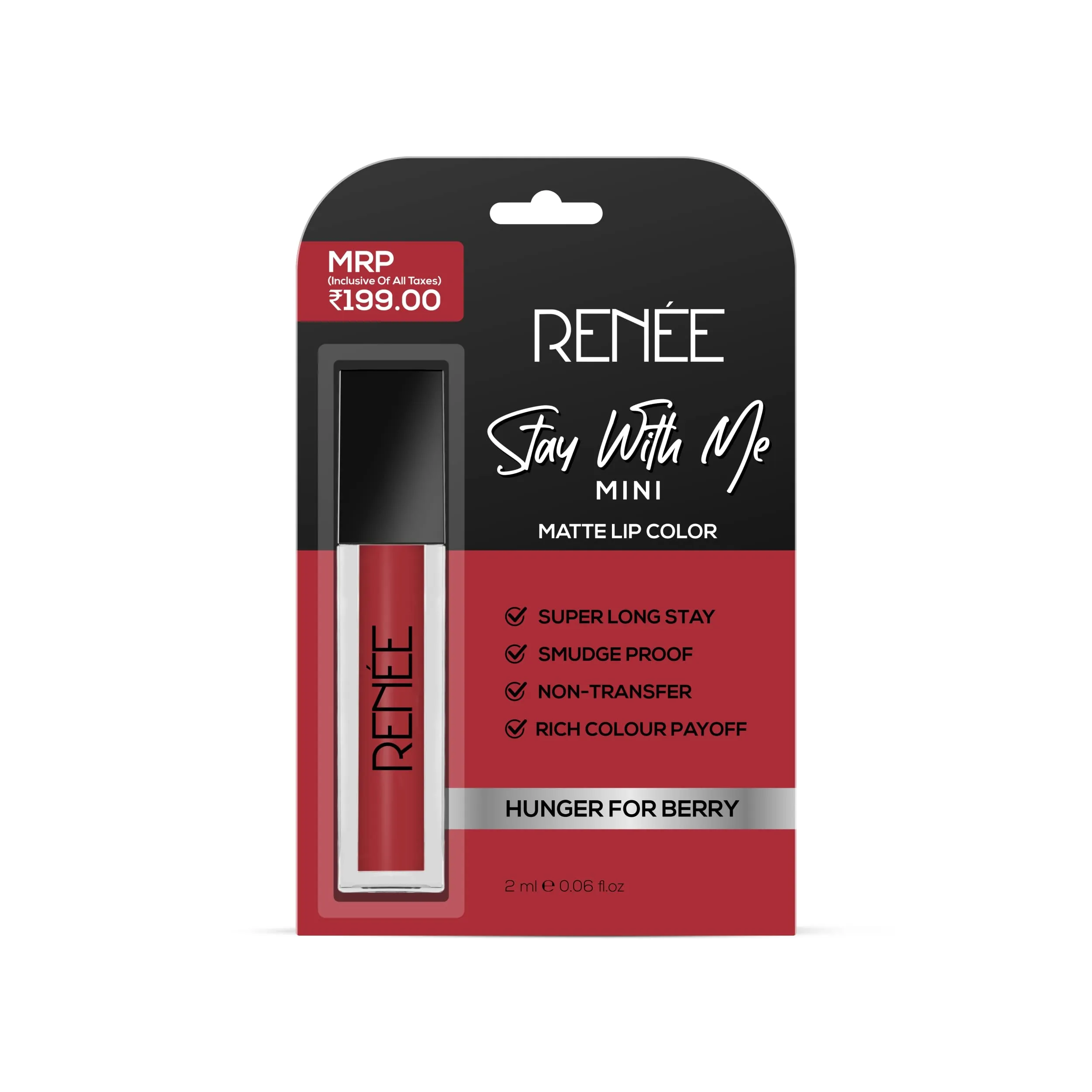 RENEE Stay With Me Mini Matte Lip Color, Long Lasting, Non Transfer, Water & Smudge Proof, Light Weight Liquid Lipstick, Hunger for Berry 2ml