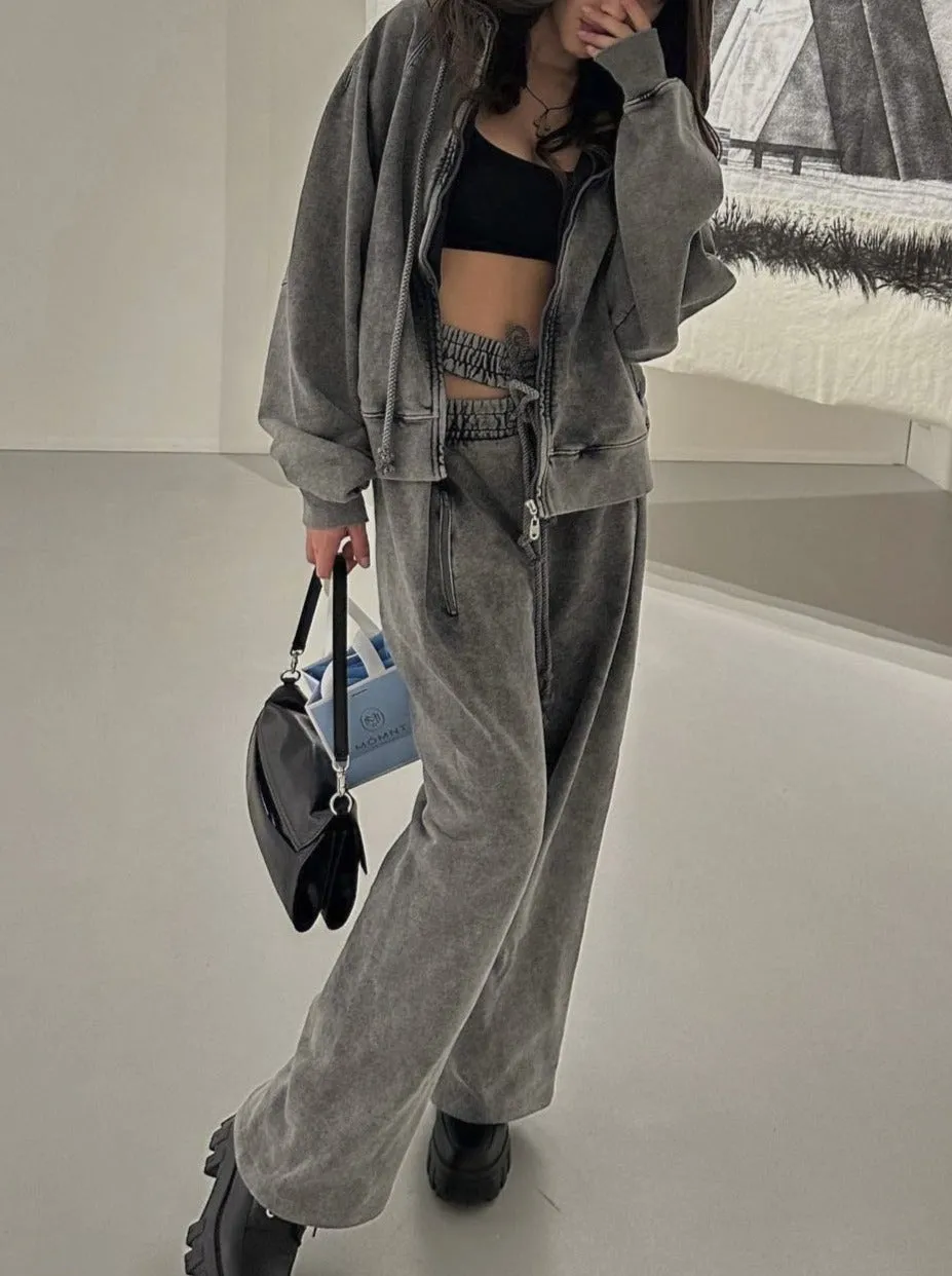 Retro Double Waist Drawstring Hollow Casual Straight Sweatpants