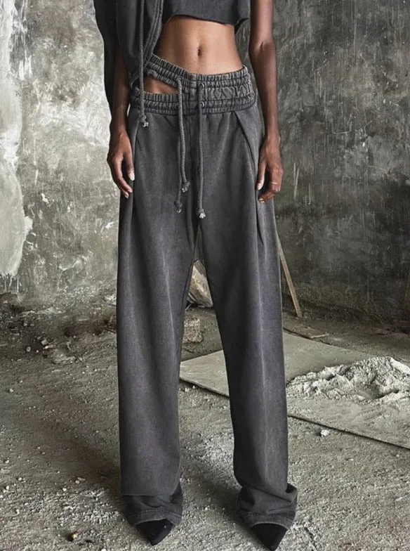 Retro Double Waist Drawstring Hollow Casual Straight Sweatpants