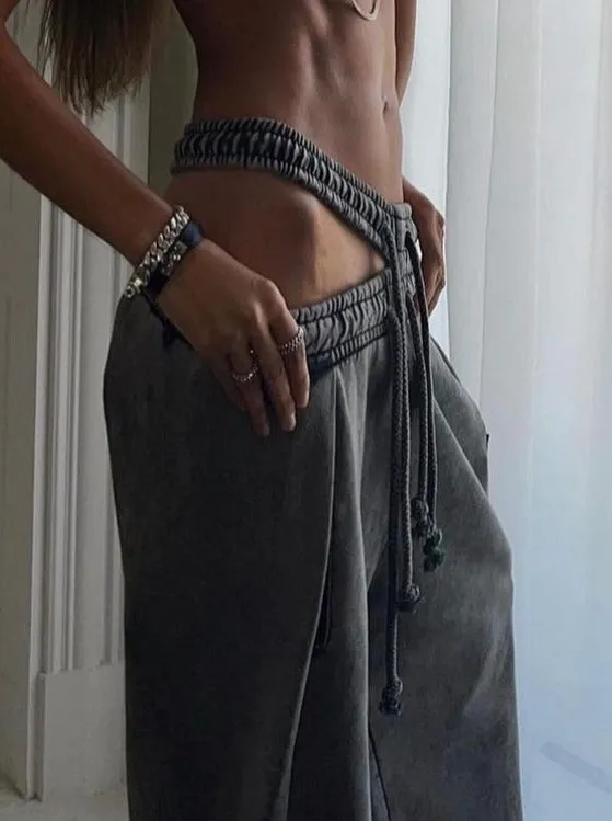 Retro Double Waist Drawstring Hollow Casual Straight Sweatpants