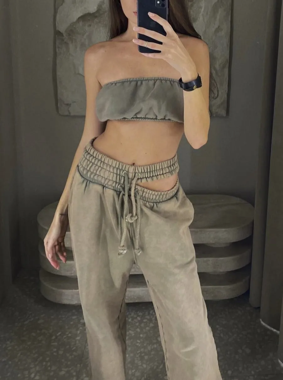 Retro Double Waist Drawstring Hollow Casual Straight Sweatpants