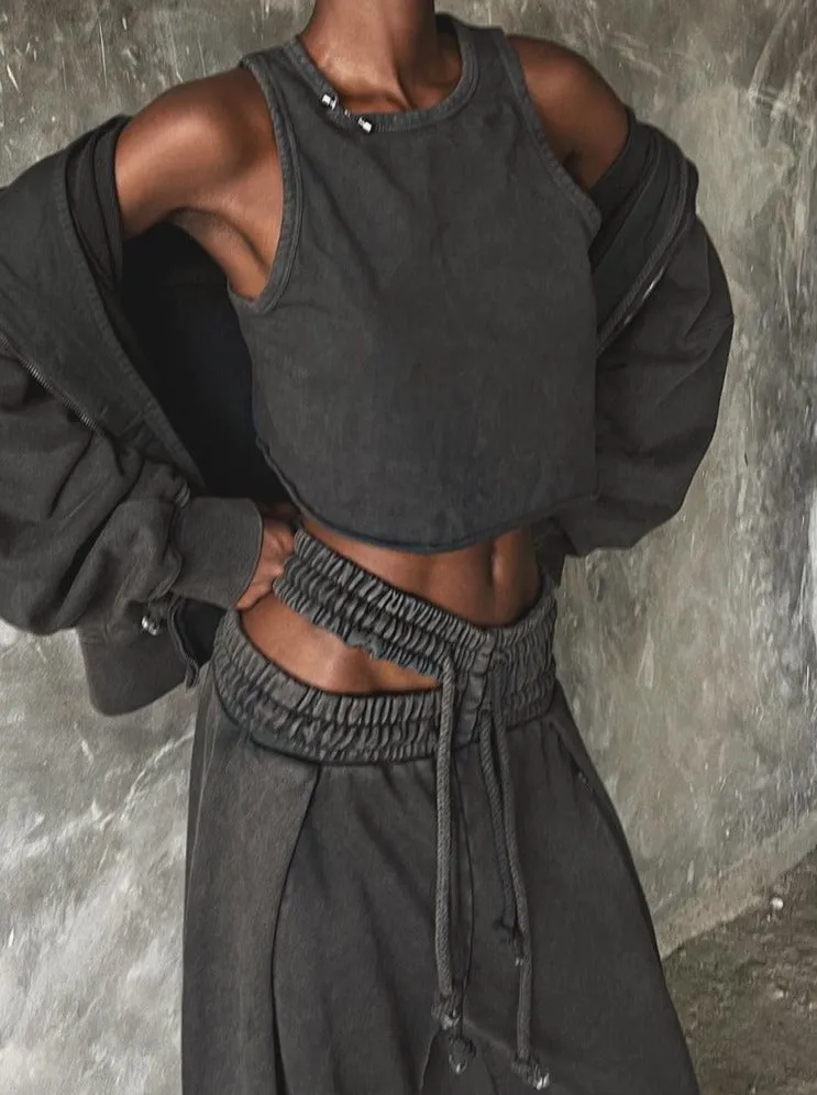 Retro Double Waist Drawstring Hollow Casual Straight Sweatpants