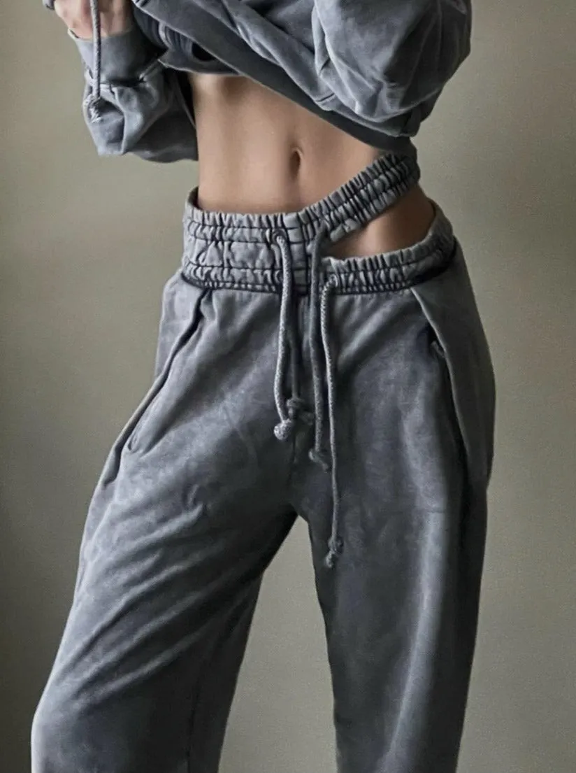 Retro Double Waist Drawstring Hollow Casual Straight Sweatpants