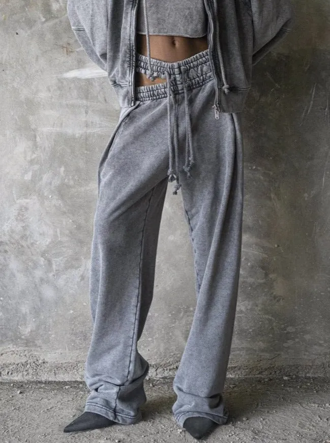 Retro Double Waist Drawstring Hollow Casual Straight Sweatpants