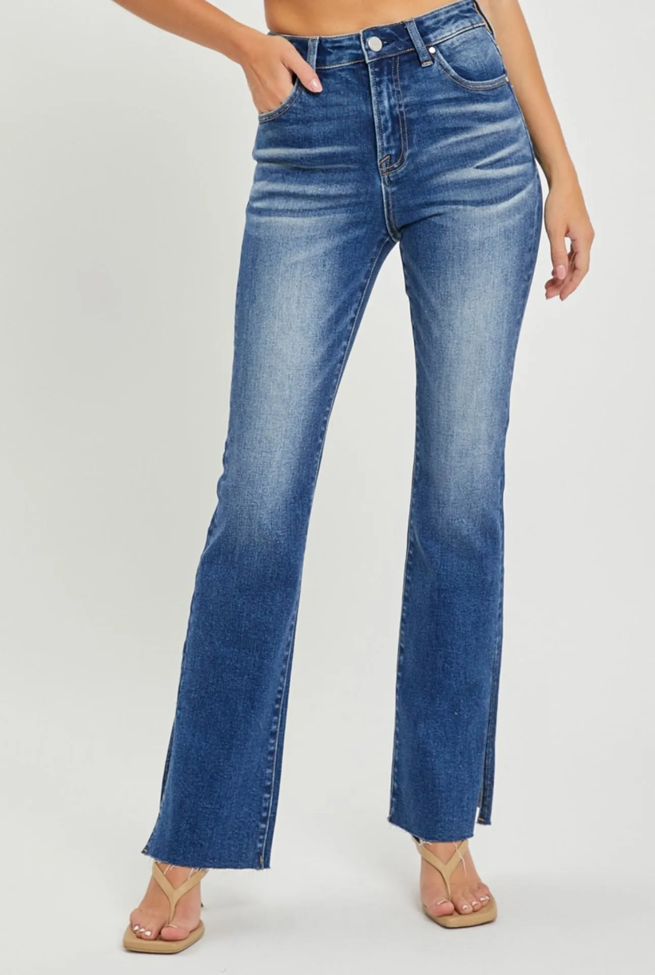 Risen High Rise Raw Hem Straight Leg with Slit