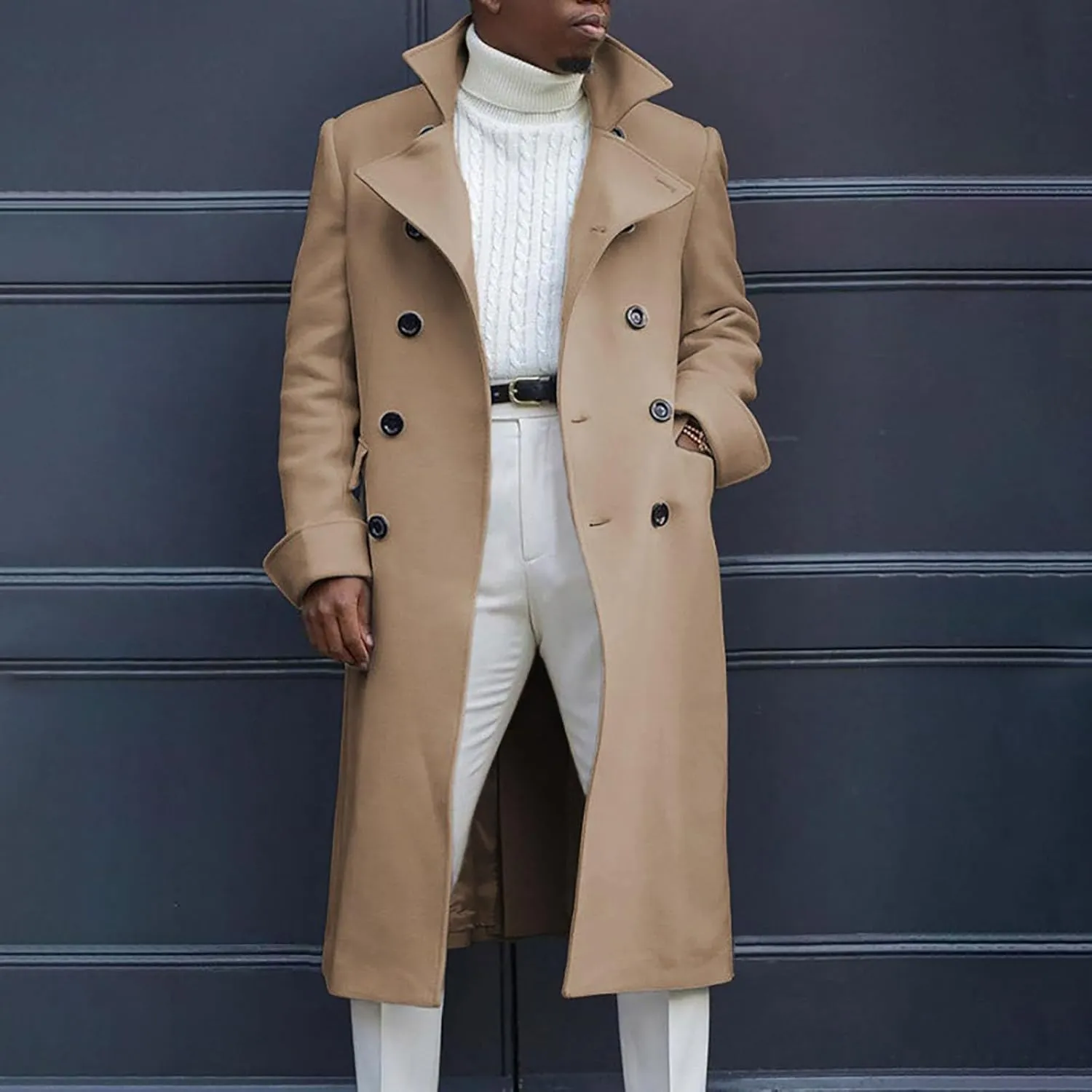 SAMST Mens Trench Coat Wool Blend Long Coat Double Breasted Pea Coat Casual Slim Fit Jacket Warm Winter Overcoat with Pocket