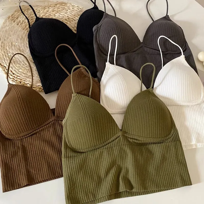 Seamless Crop Top V-Shaped Camisole Thin Straps Striped Solid Bralette