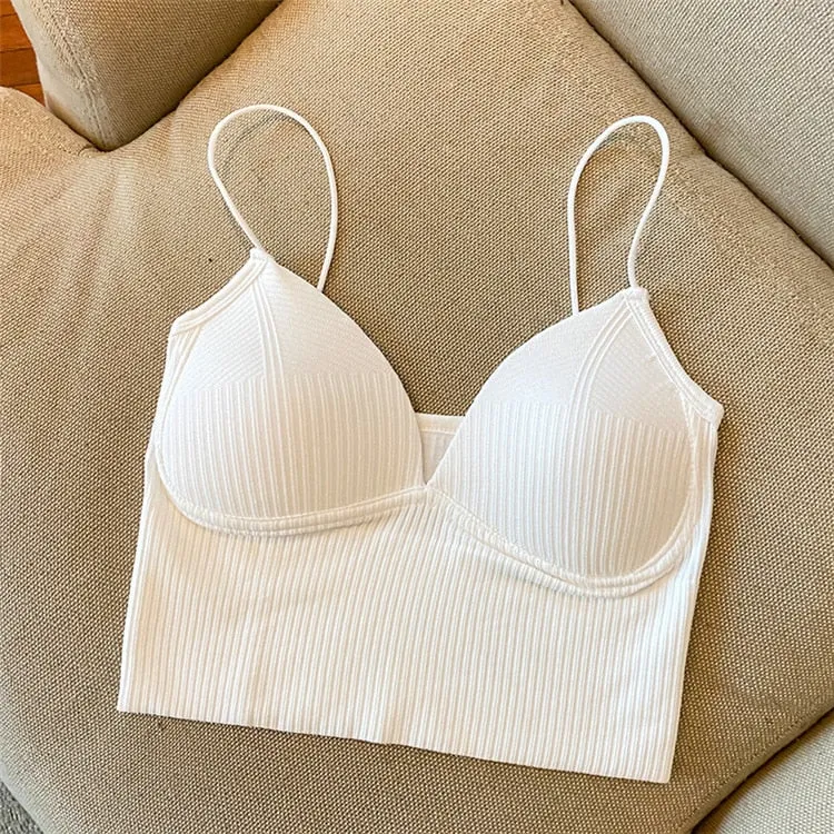 Seamless Crop Top V-Shaped Camisole Thin Straps Striped Solid Bralette