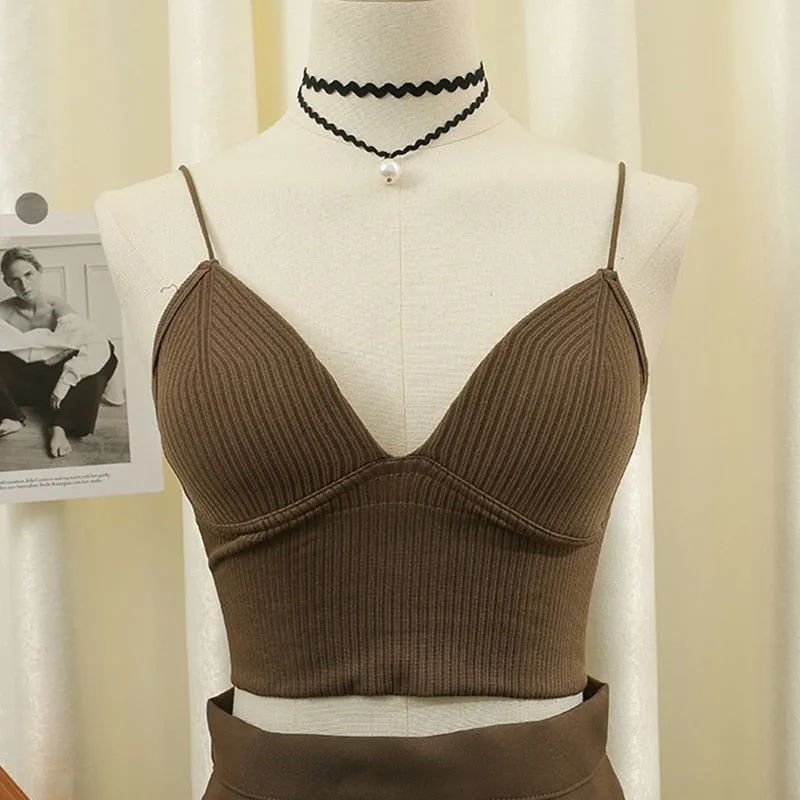 Seamless Crop Top V-Shaped Camisole Thin Straps Striped Solid Bralette