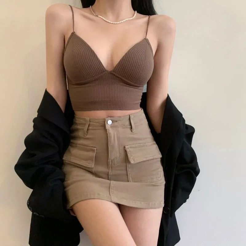 Seamless Crop Top V-Shaped Camisole Thin Straps Striped Solid Bralette