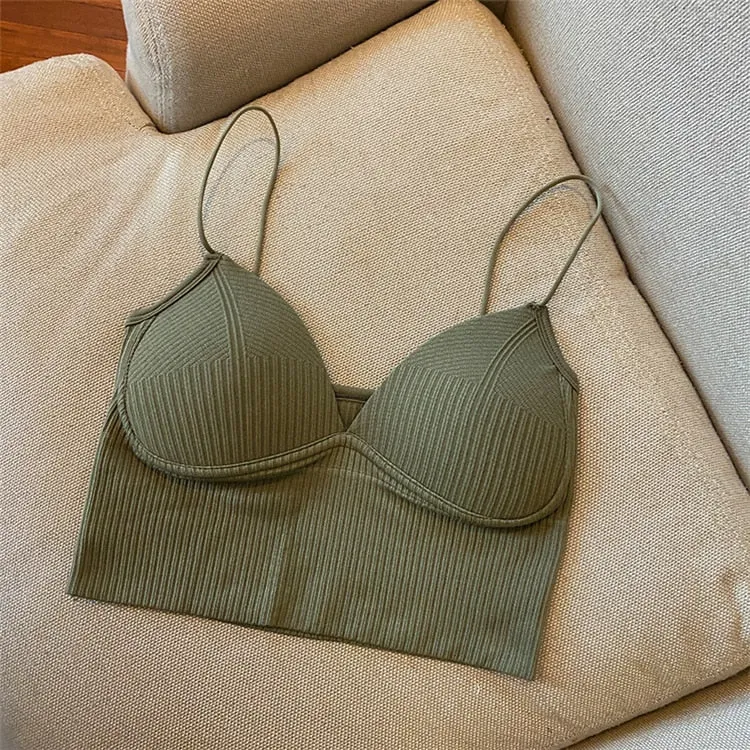 Seamless Crop Top V-Shaped Camisole Thin Straps Striped Solid Bralette