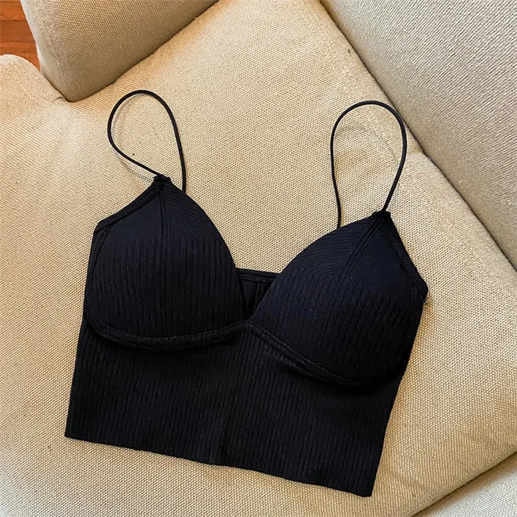 Seamless Crop Top V-Shaped Camisole Thin Straps Striped Solid Bralette